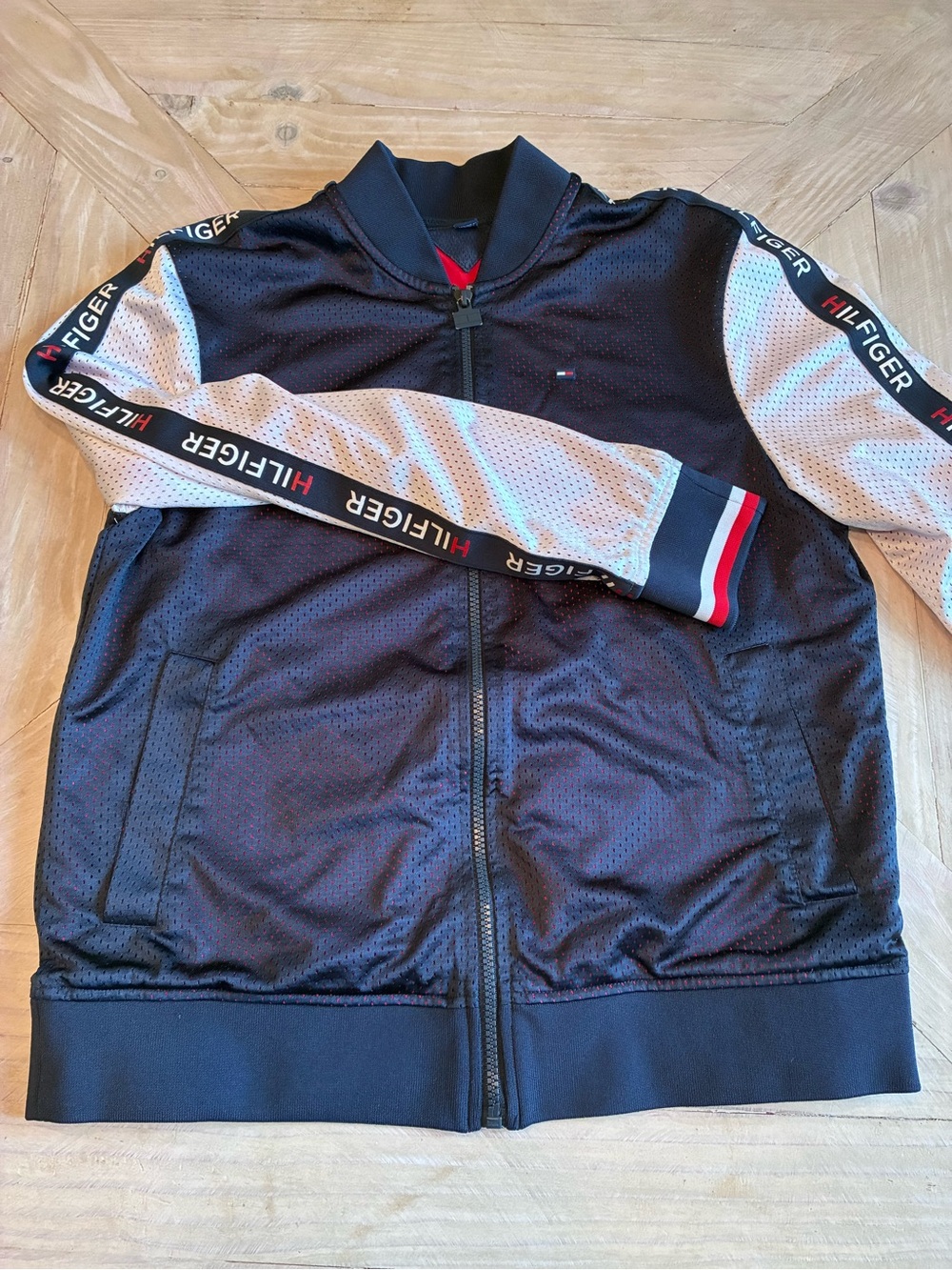 Tommy Hilfiger Black Jacket with White Sleeves and Red Accents